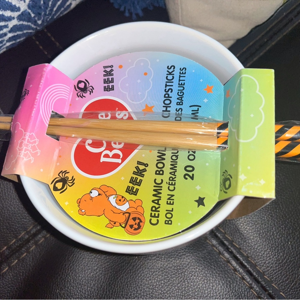 Care Bears Rainbow Ceramic Bowl with Halloween Bear Graphic and Chopsticks